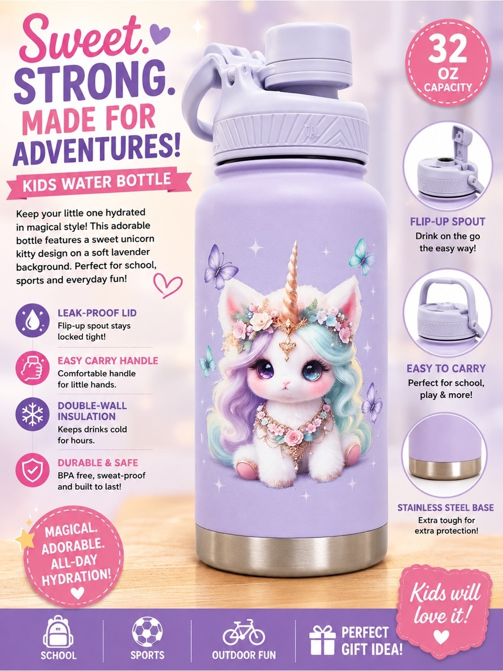 Hand Crafted Lavender Unicorn Kids Water Bottle - Purple & Gold